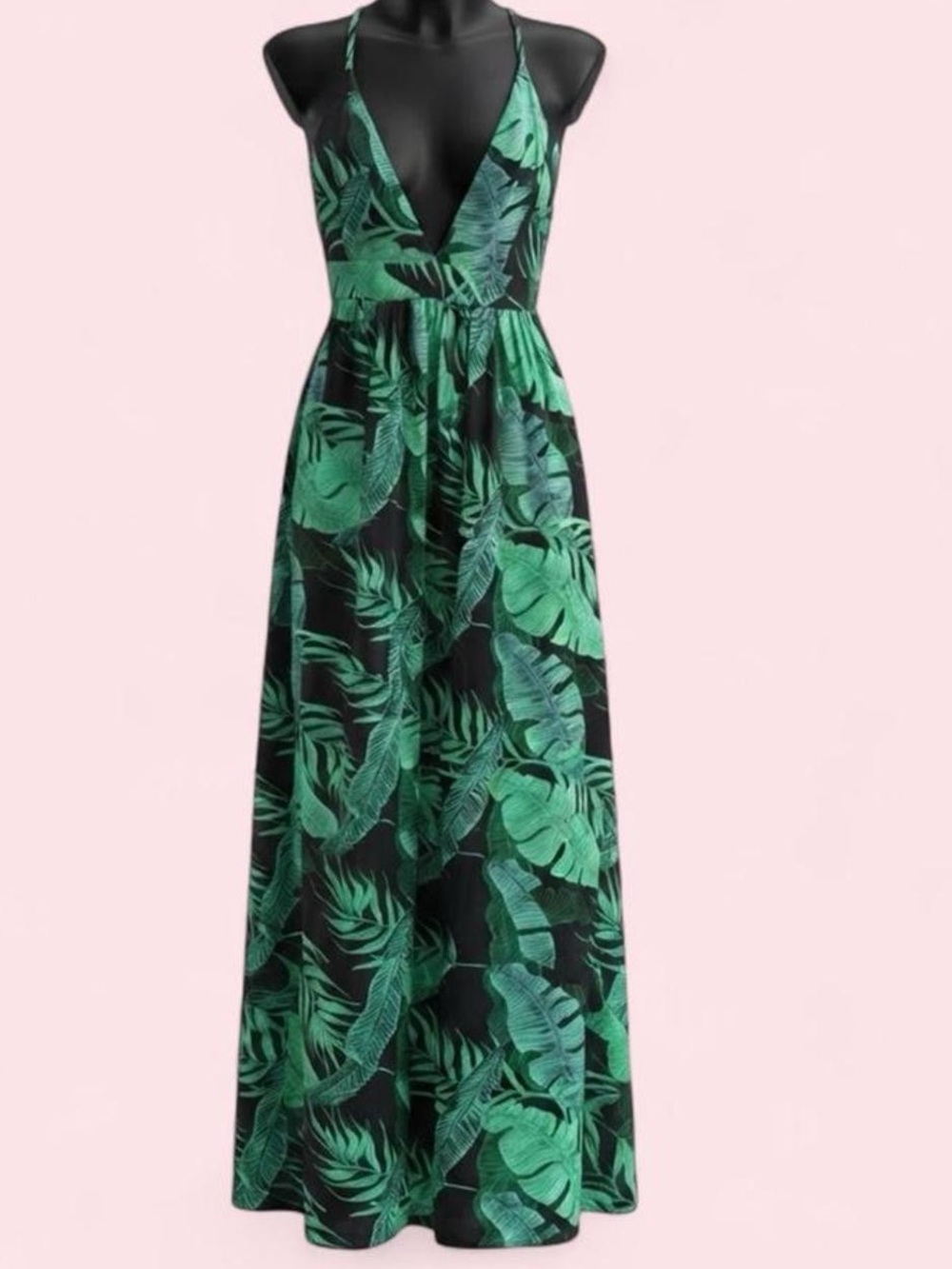 Boohoo Tropical Green Leaf Print Halter Maxi Dress Black Womens Size 8